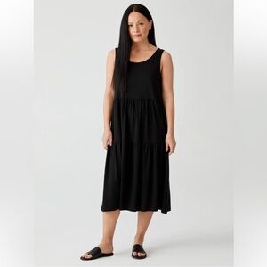 EILEEN FISHER M Fine Jersey Tiered Dressing in Black: Easy Fit, Calf Length